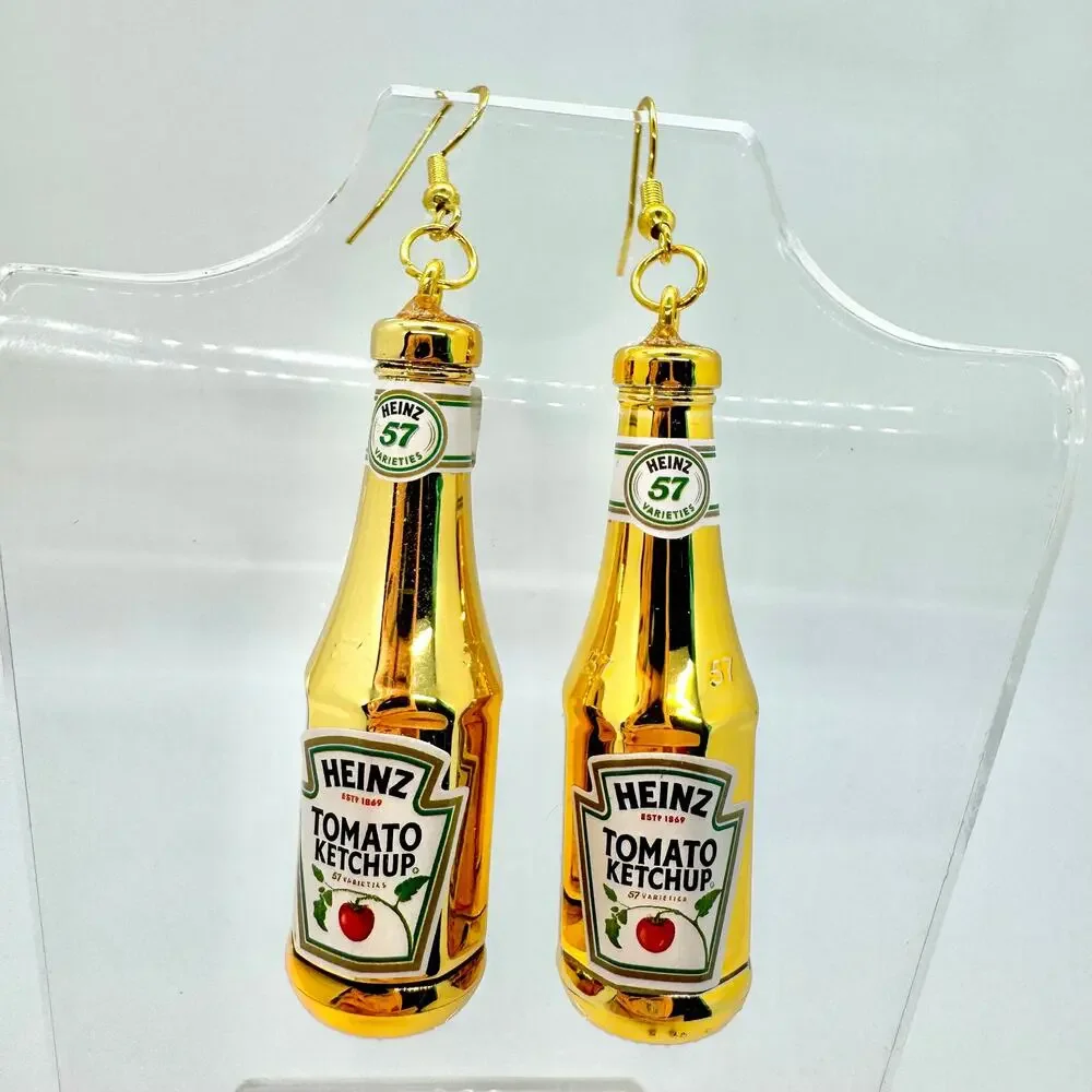 Gold Ketchup Earrings - Metallic Condiment Dangles - Funky Foodcore Aesthetic